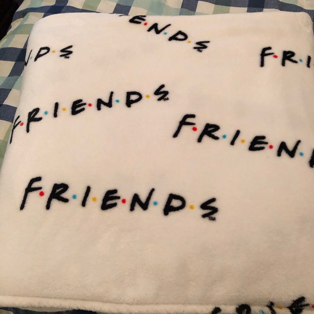 FRIENDS Logo Plush Queen size blanket- Cream & Black and Red/Yellow/Blue Accents
